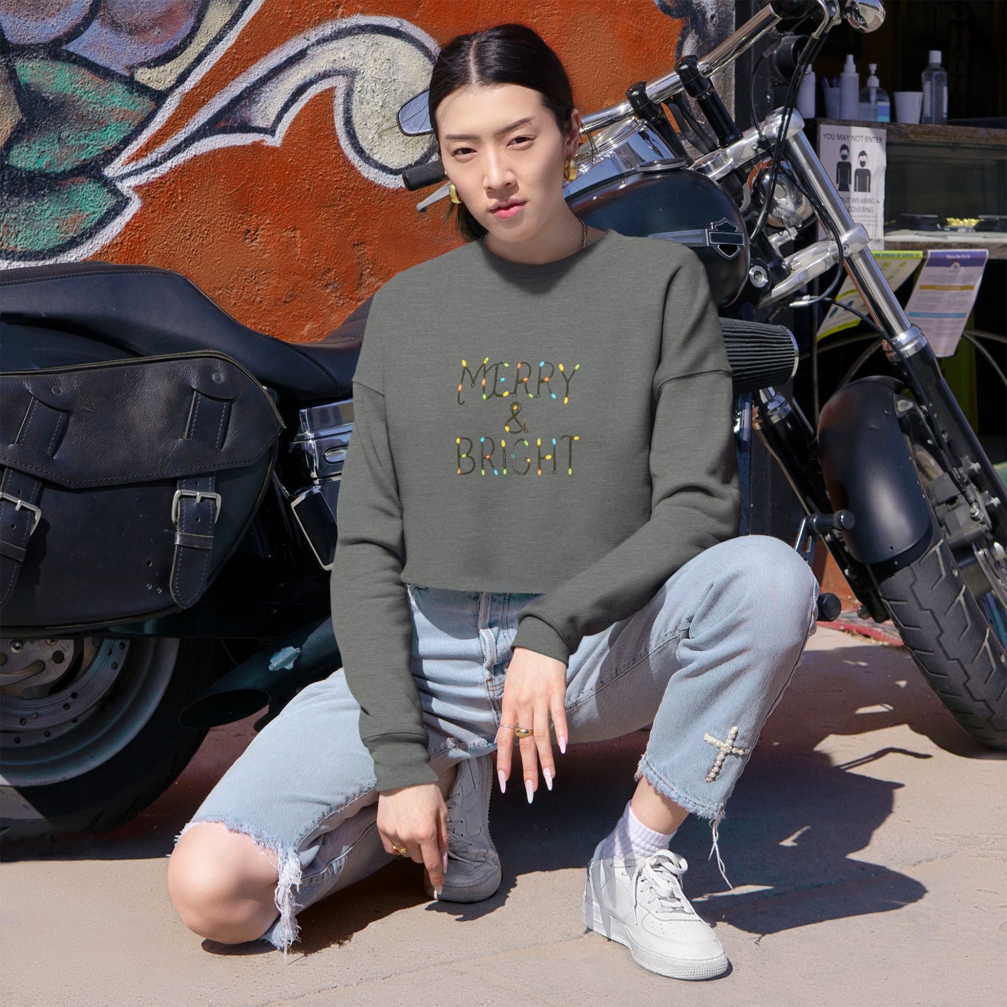 Merry & Bright Cropped Sweatshirt | Holiday Light Typography