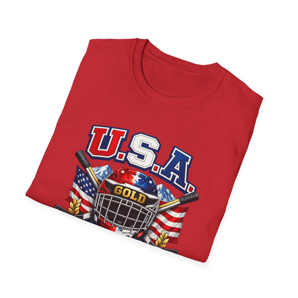 USA Gold Hockey 2K8 T-Shirt — American Flag Hockey Helmet Graphic Tee