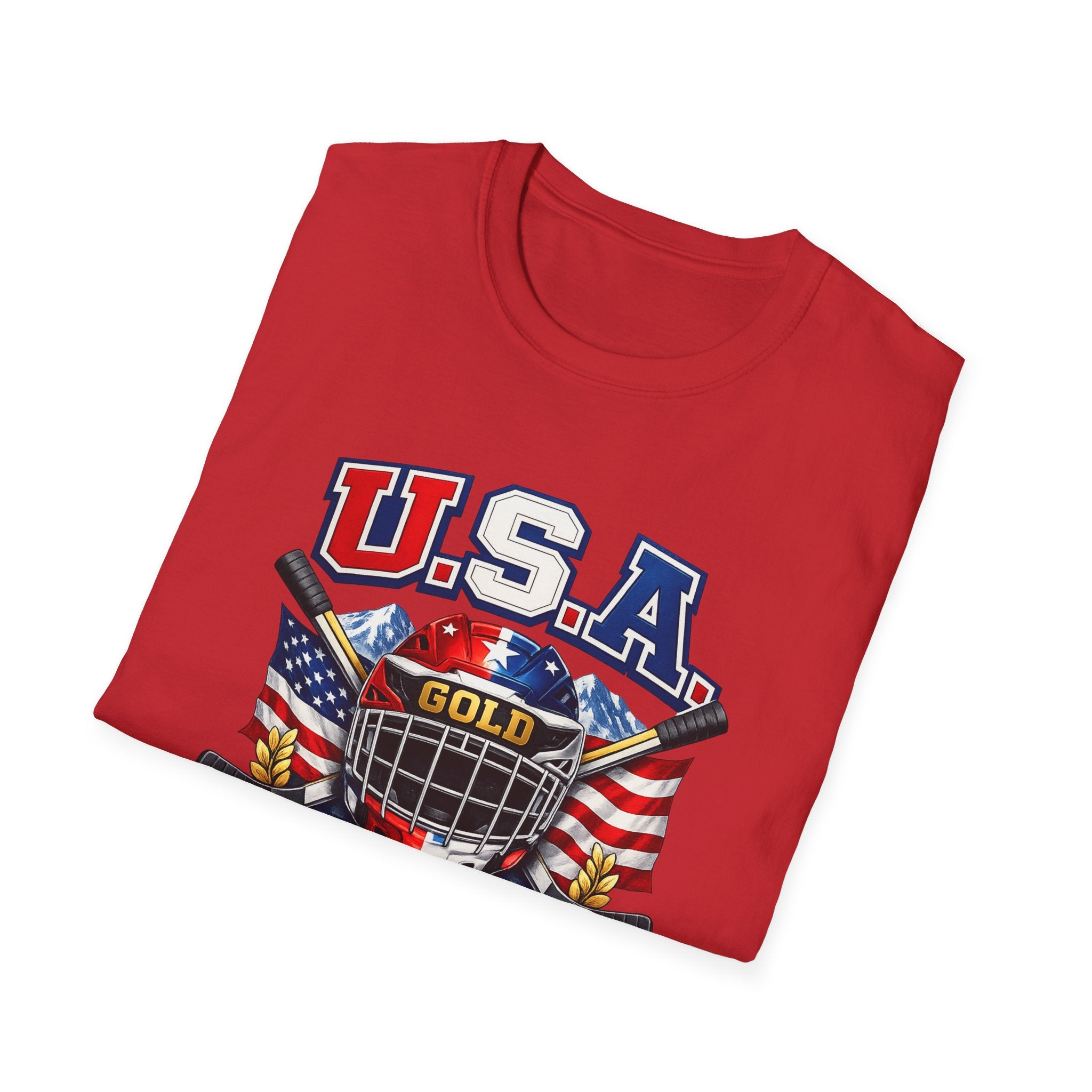 USA Gold Hockey 2K8 T-Shirt — American Flag Hockey Helmet Graphic Tee