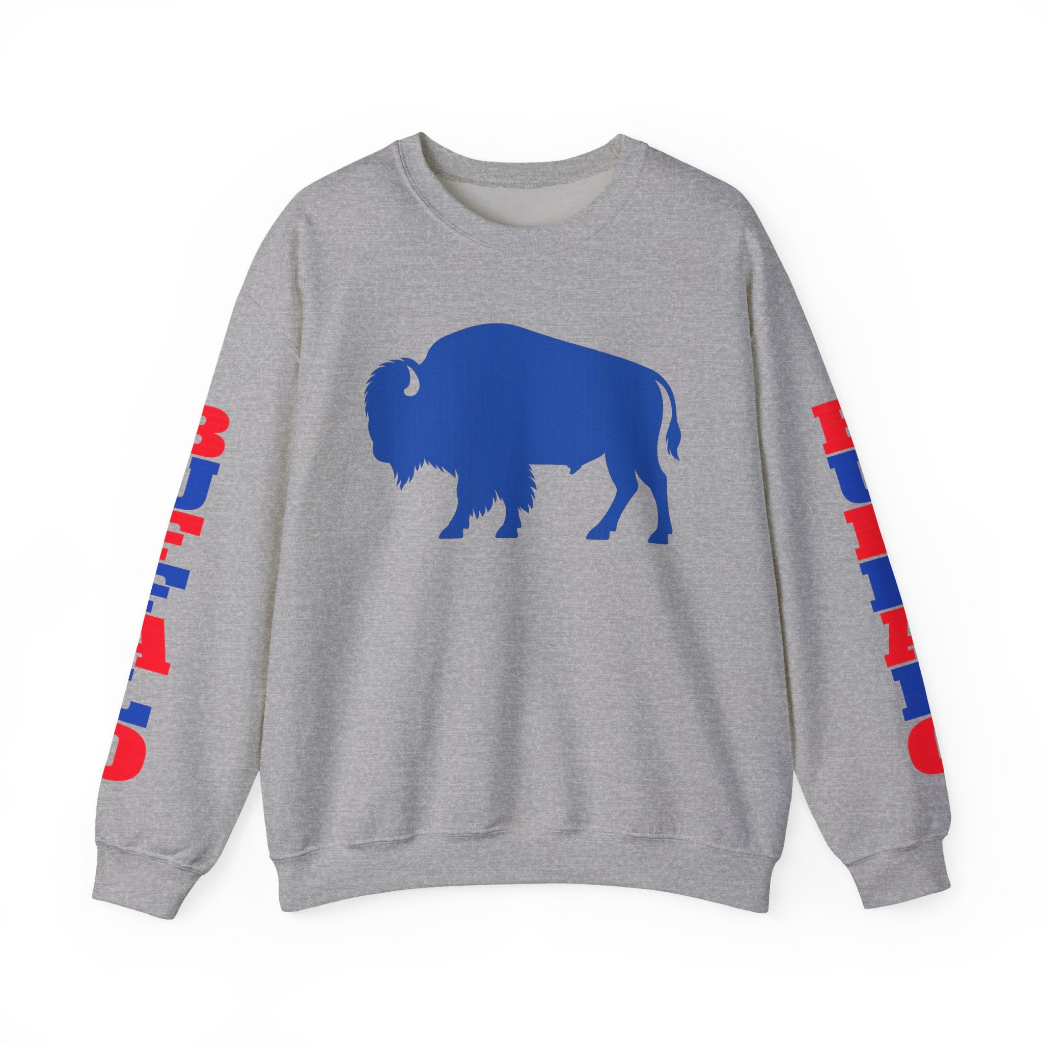 Blue Buffalo Silhouette Buffalo Sweatshirt | Red Blue Sleeve Text