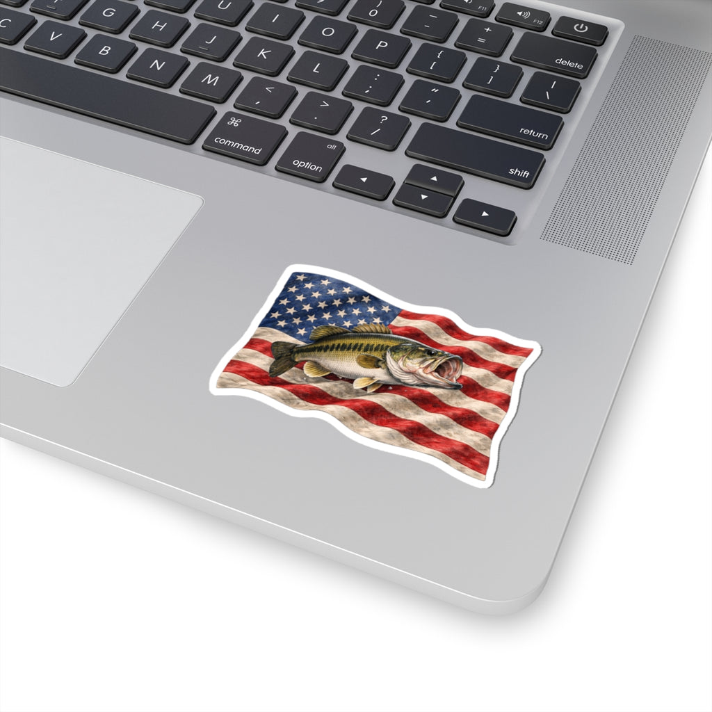 Bass Fish on American Flag Sticker | Kiss-Cut Vinyl Sticker