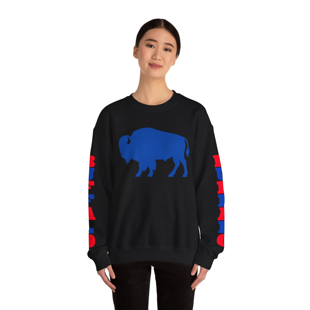 Blue Buffalo Silhouette Buffalo Sweatshirt | Red Blue Sleeve Text