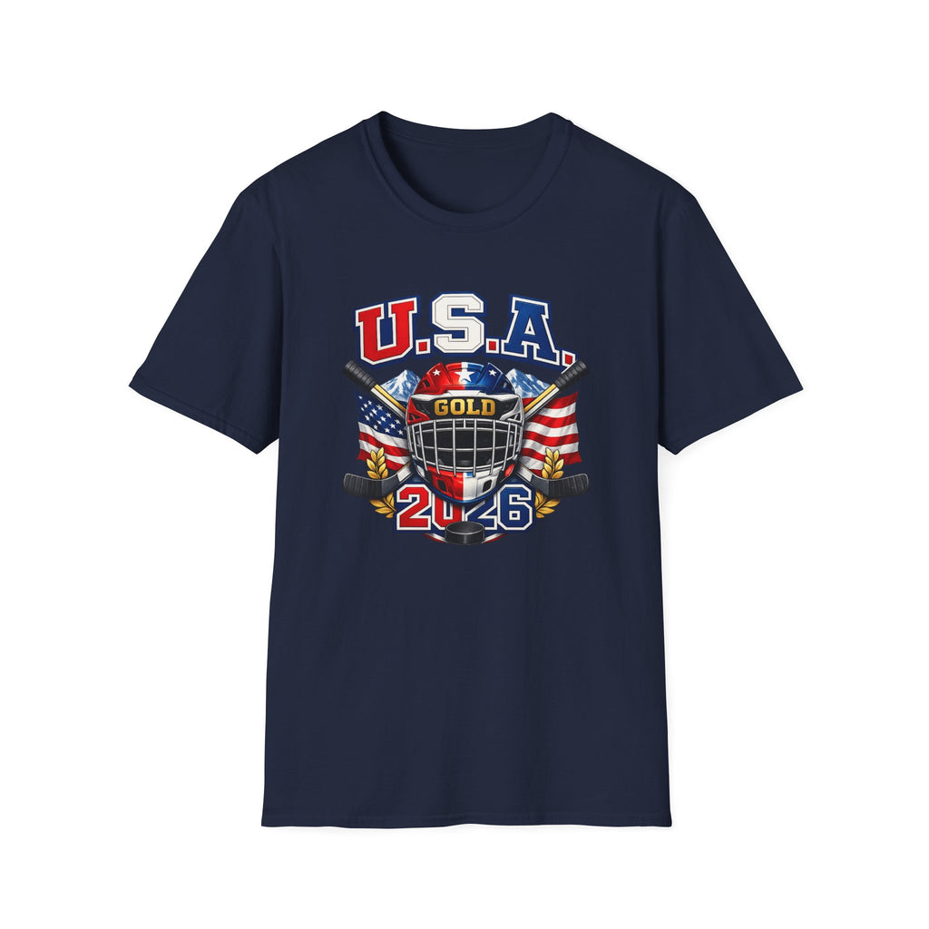 USA Gold Hockey 2K8 T-Shirt — American Flag Hockey Helmet Graphic Tee