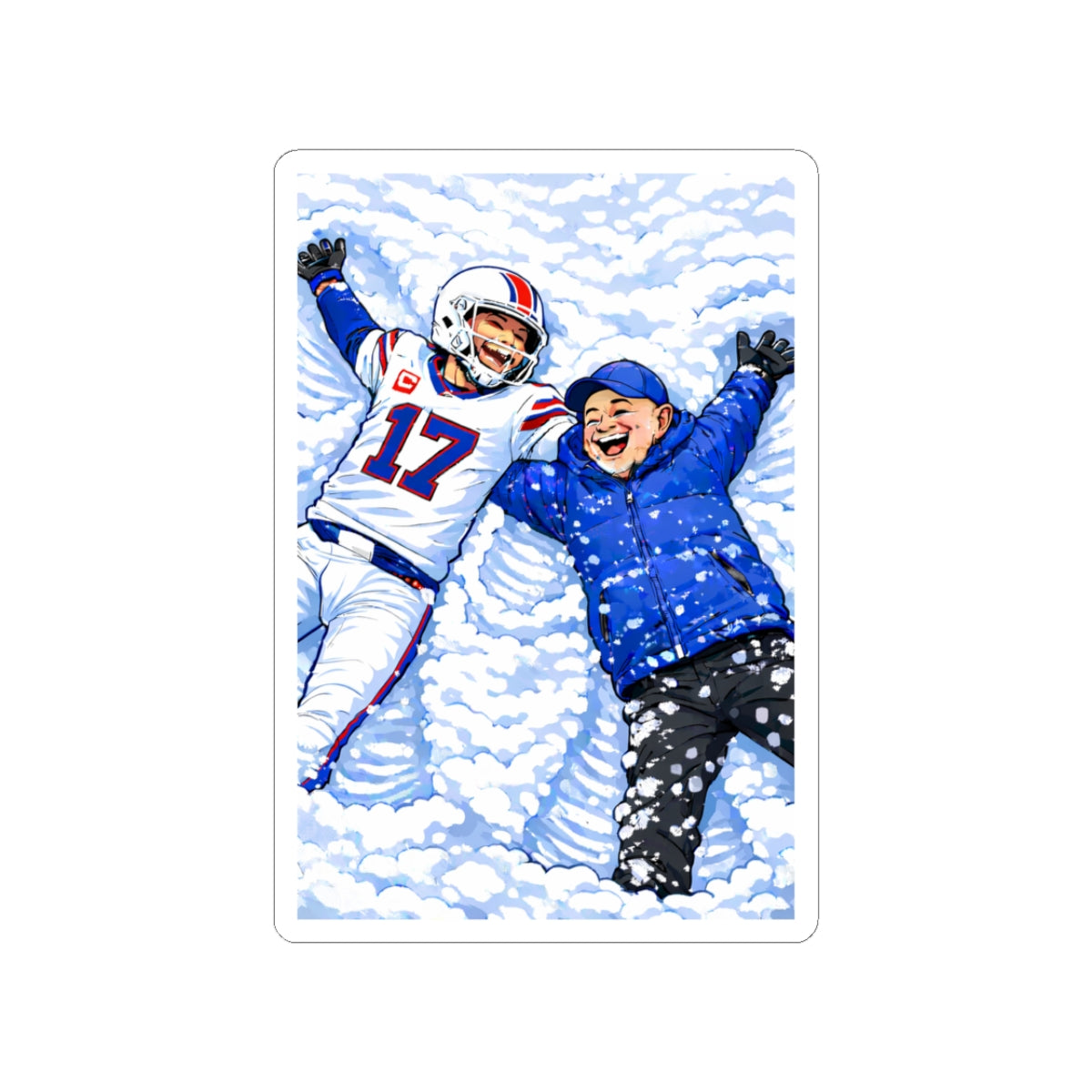 Buffalo Football Player and Coach Making Snow Angels Kiss-Cut Sticker | Winter Scene