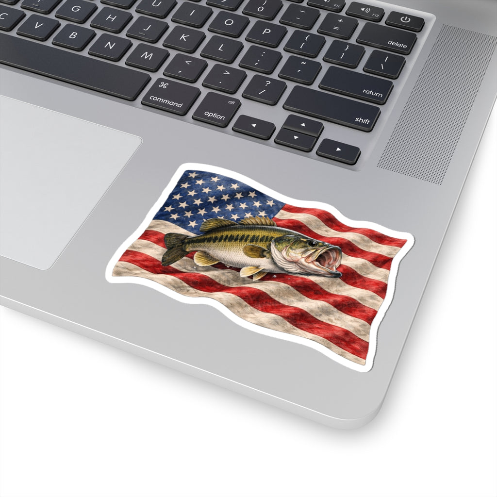 Bass Fish on American Flag Sticker | Kiss-Cut Vinyl Sticker