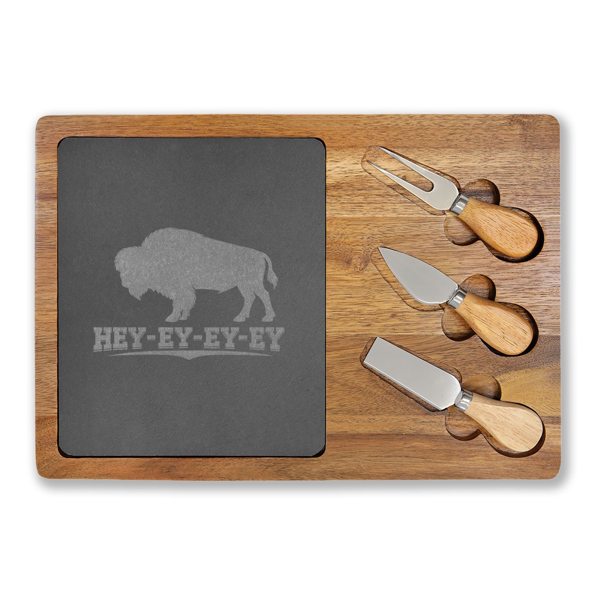 Engraved Buffalo Charcuterie Board with Slate Insert – 'Hey-Ey-Ey-Ey'