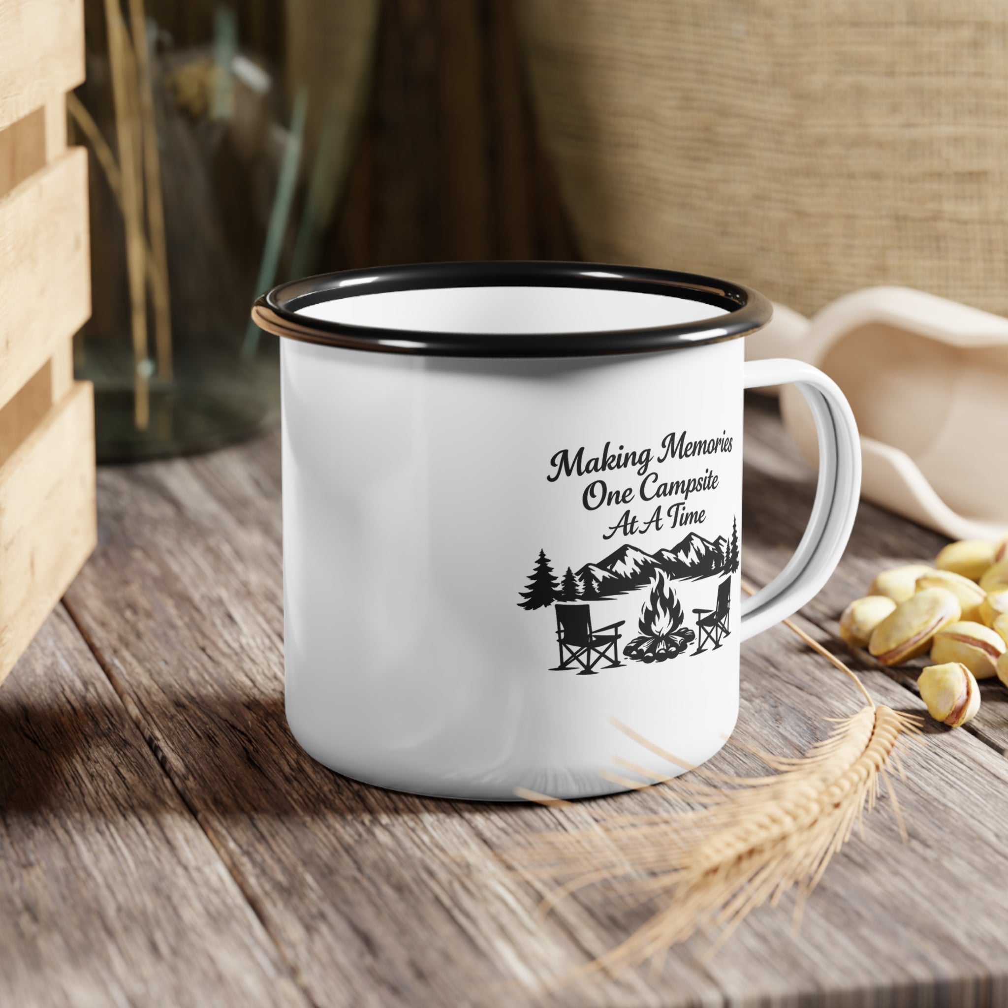 Enamel Camp Cup – Vintage Adventure Camping Mug with Forest Design