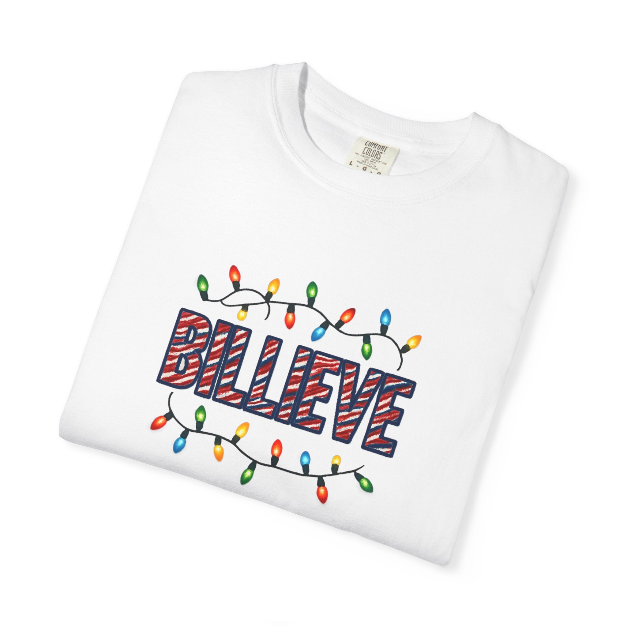 Billieve text with Christmas lights T-Shirt | Holiday graphic tee