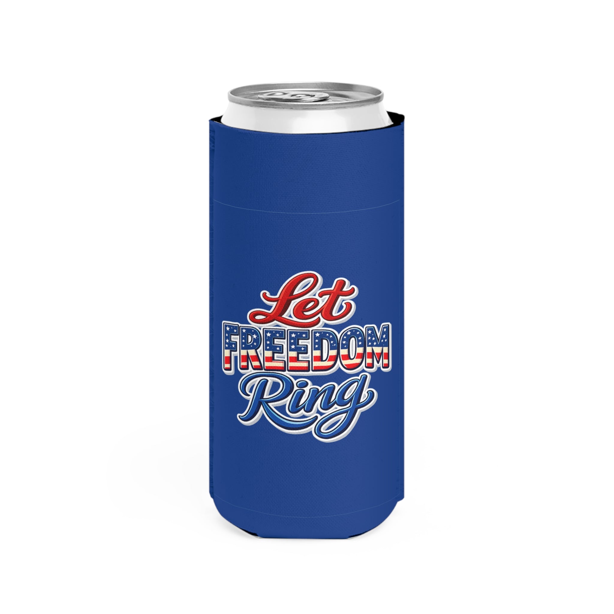 Let Freedom Ring Slim Can Cooler | Patriotic American Flag Design