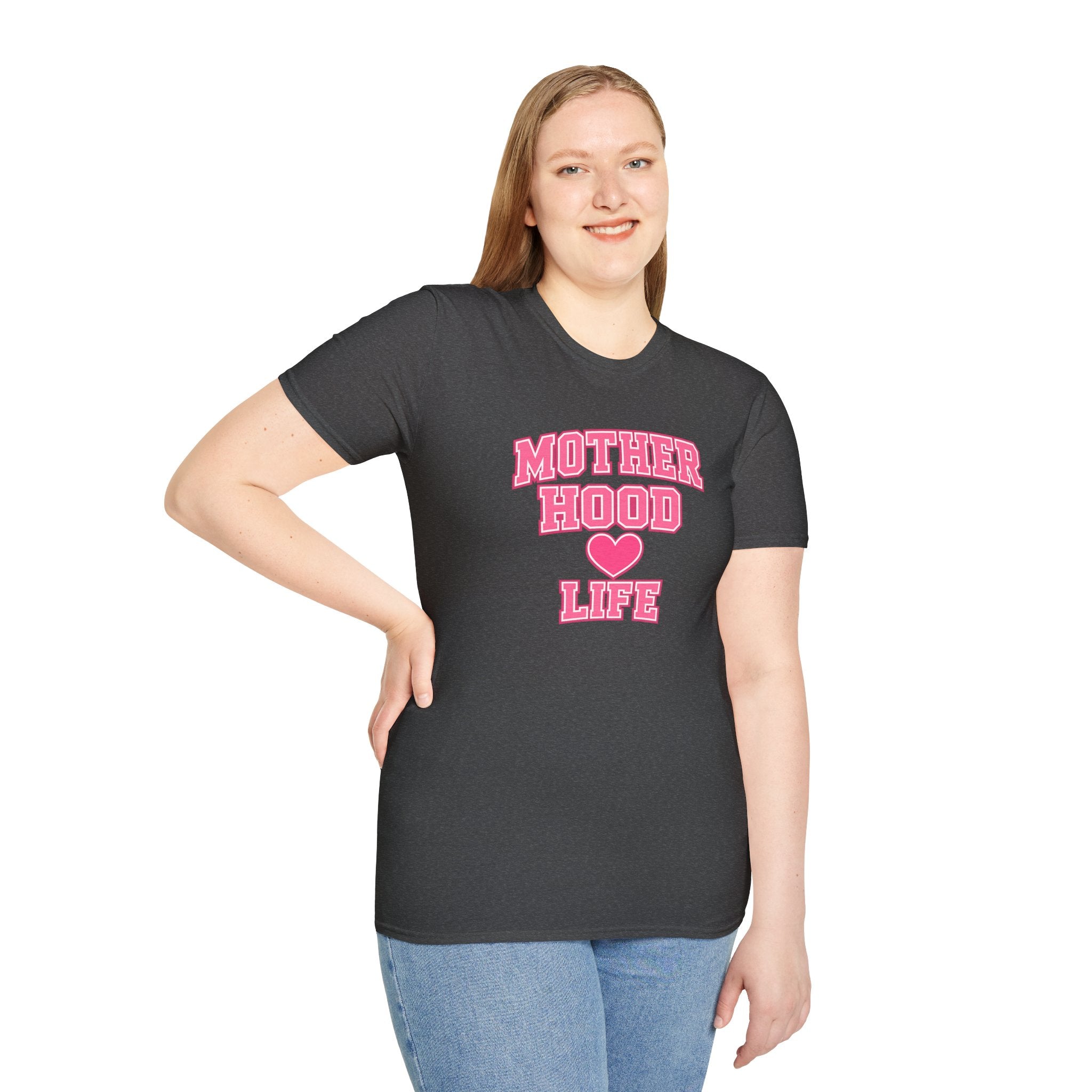 Motherhood Life T-Shirt — Pink Heart Graphic Mom Tee