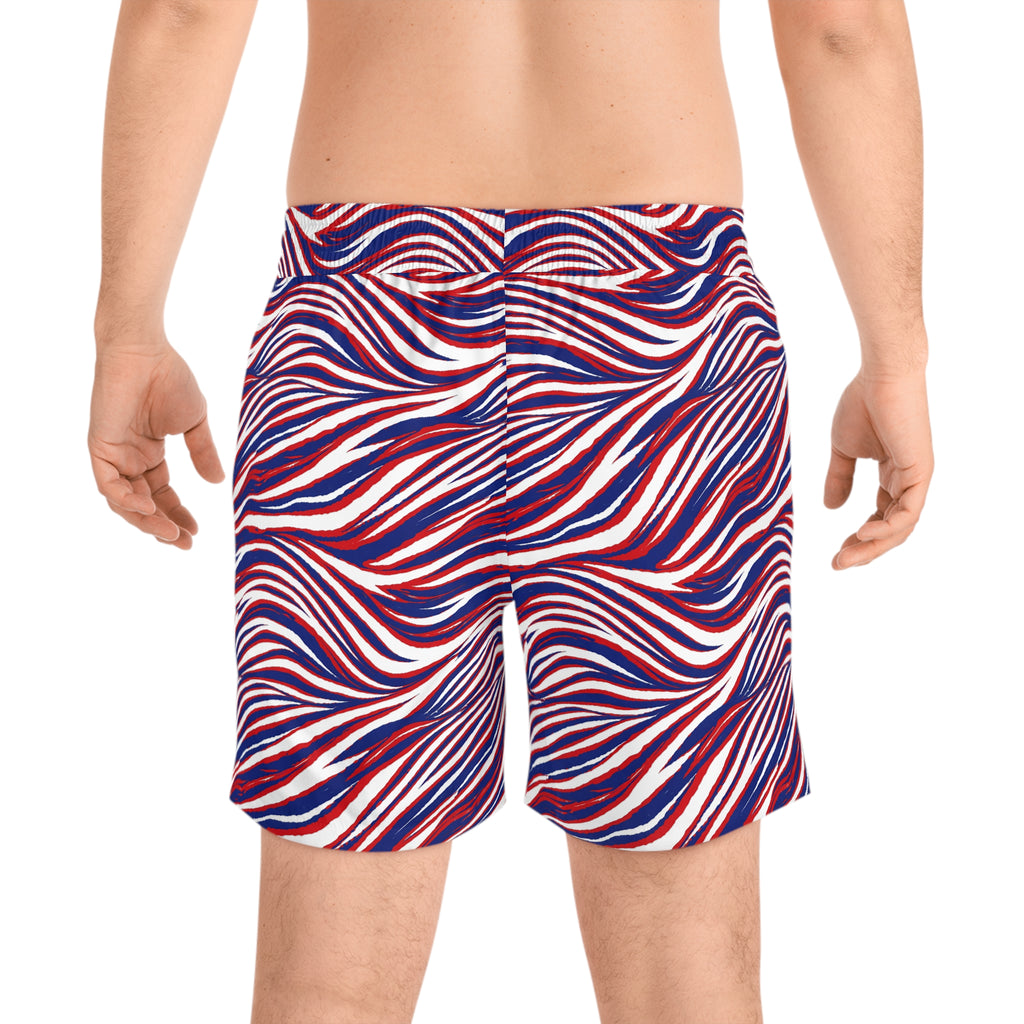 Buffalo Red White Blue Wavy Stripes Swim Shorts | Men's Mid-Length Swim Shorts