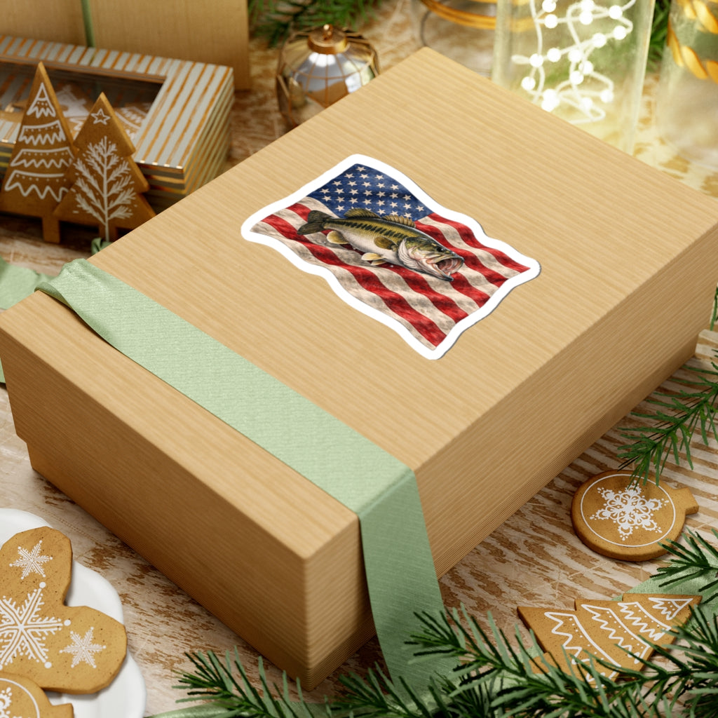 Bass Fish on American Flag Sticker | Kiss-Cut Vinyl Sticker