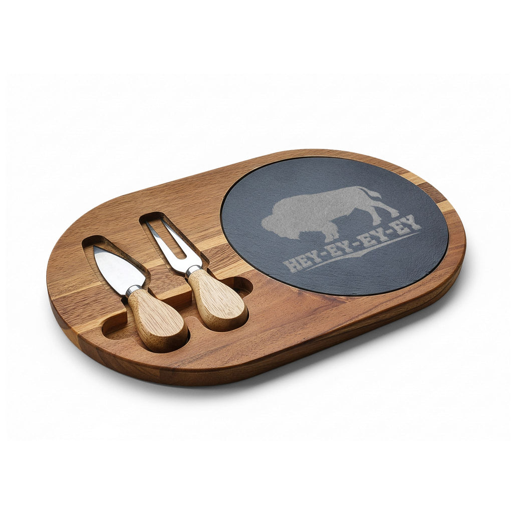 Engraved Buffalo Charcuterie Board with Slate Insert – 'Hey-Ey-Ey-Ey'