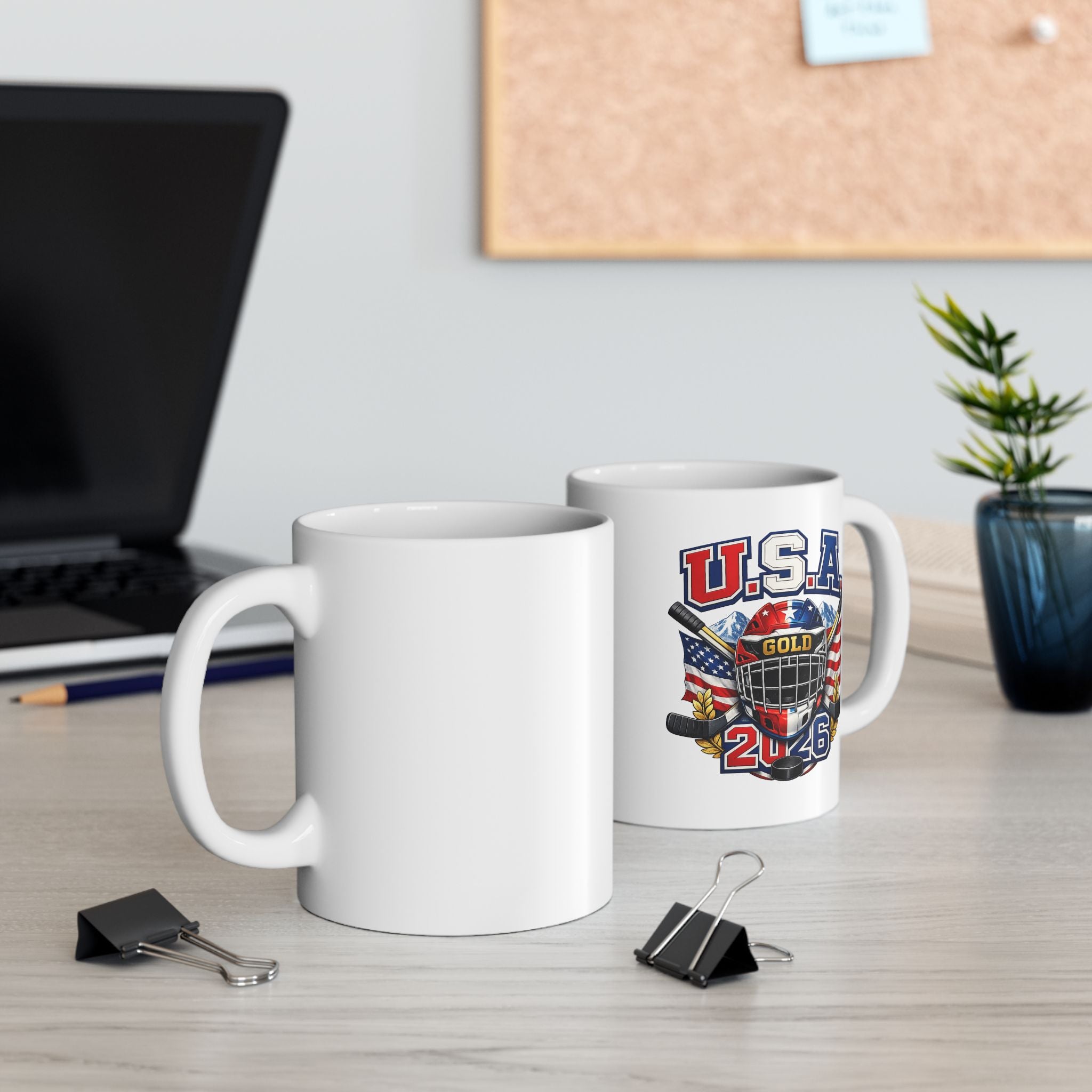 USA Hockey Ceramic Mug — American Flag & Hockey Stick Coffee Mug