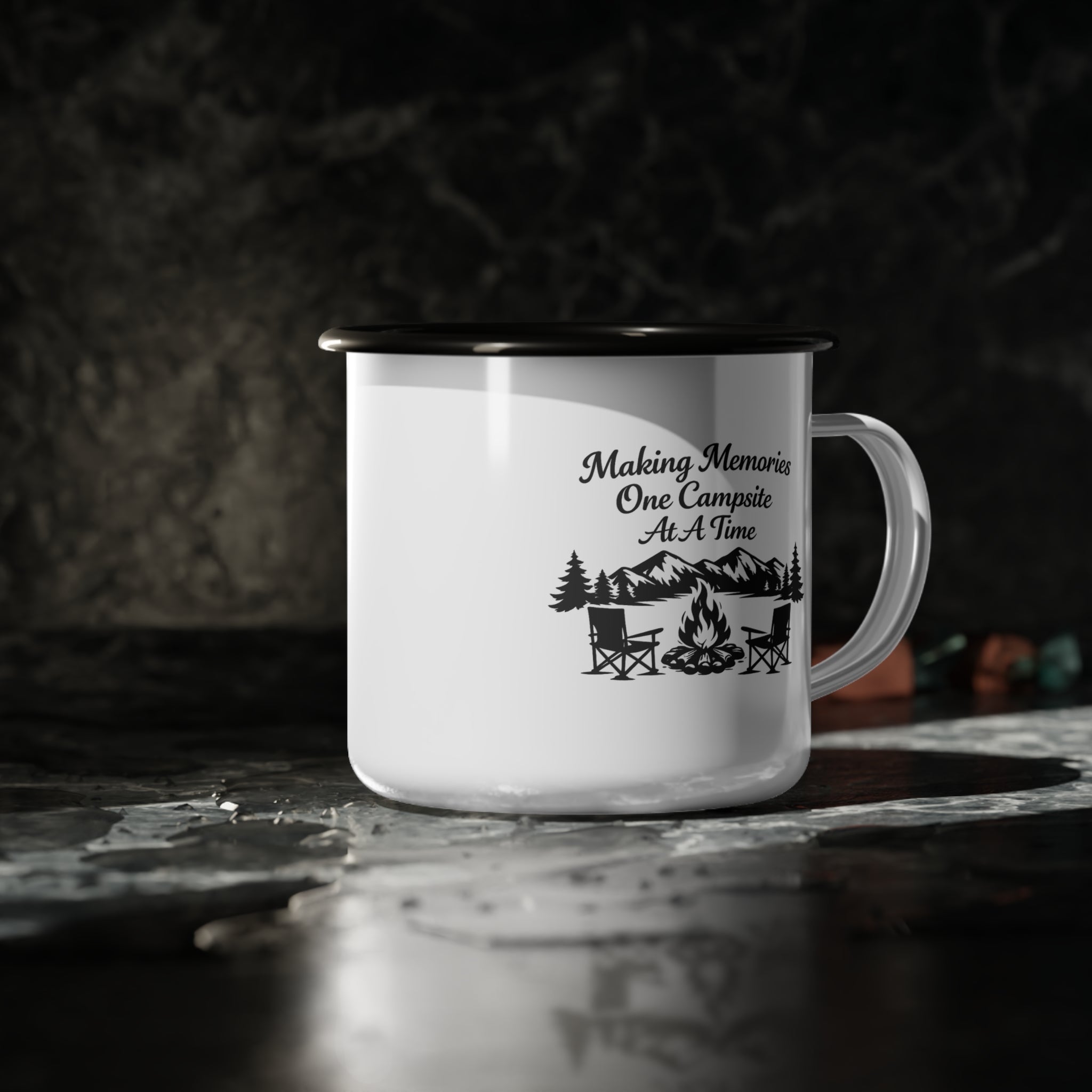 Enamel Camp Cup – Vintage Adventure Camping Mug with Forest Design