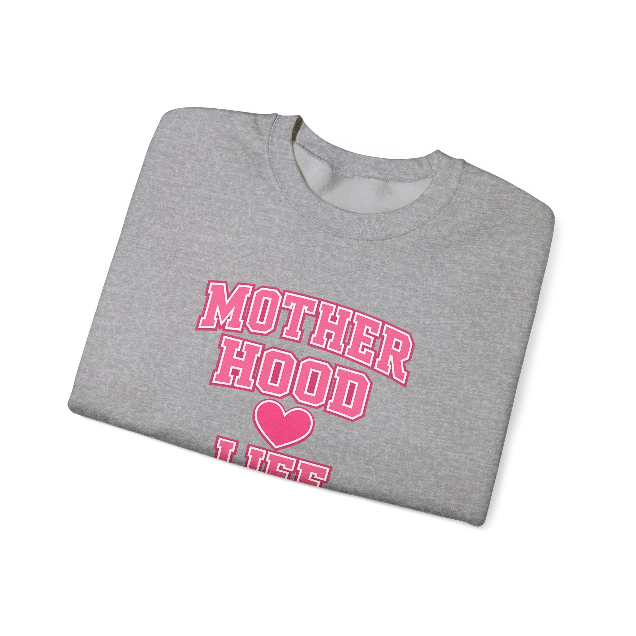 Crewneck Sweatshirt — "Motherhood Life" Pink Varsity Heart Graphic