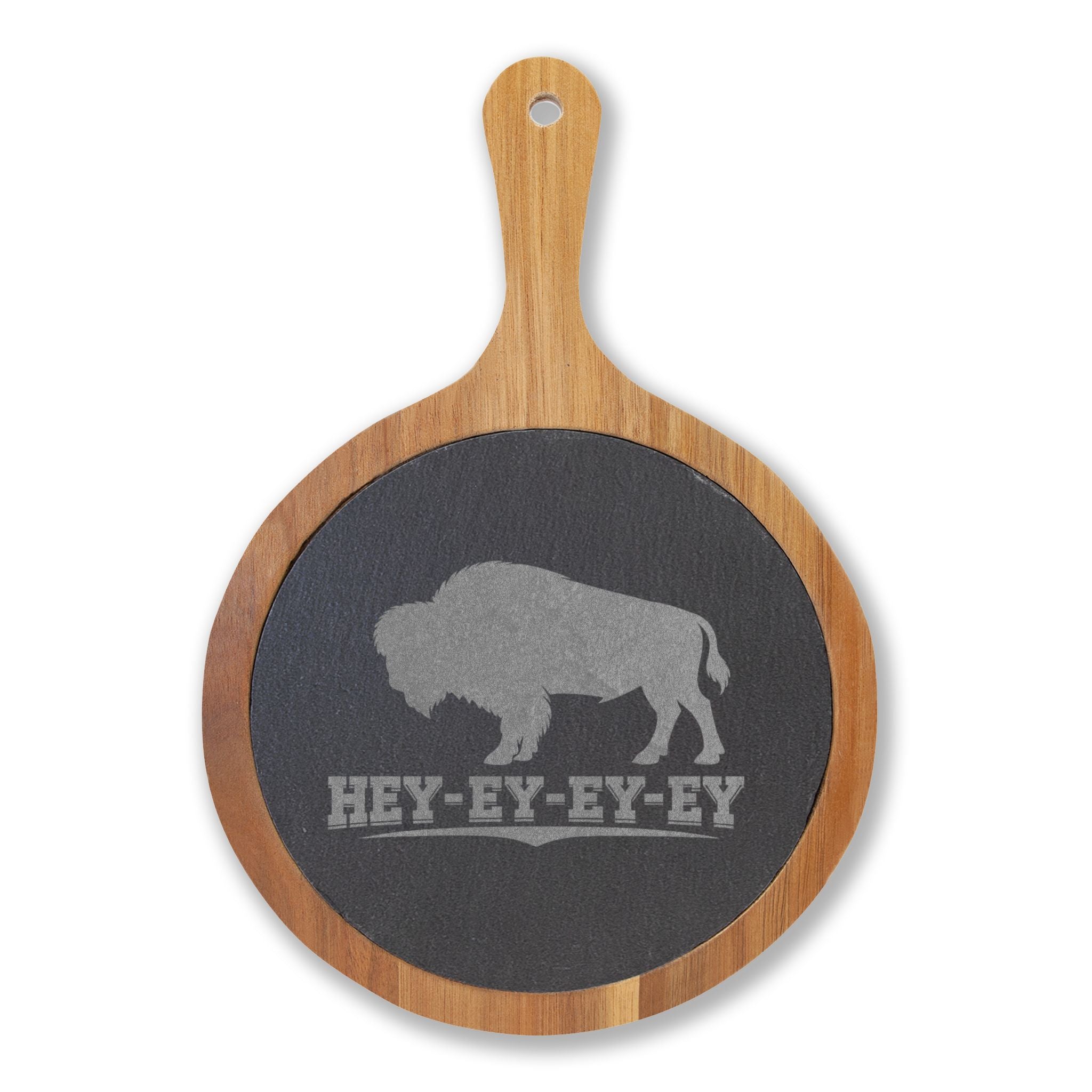 Engraved Buffalo Charcuterie Board with Slate Insert – 'Hey-Ey-Ey-Ey'