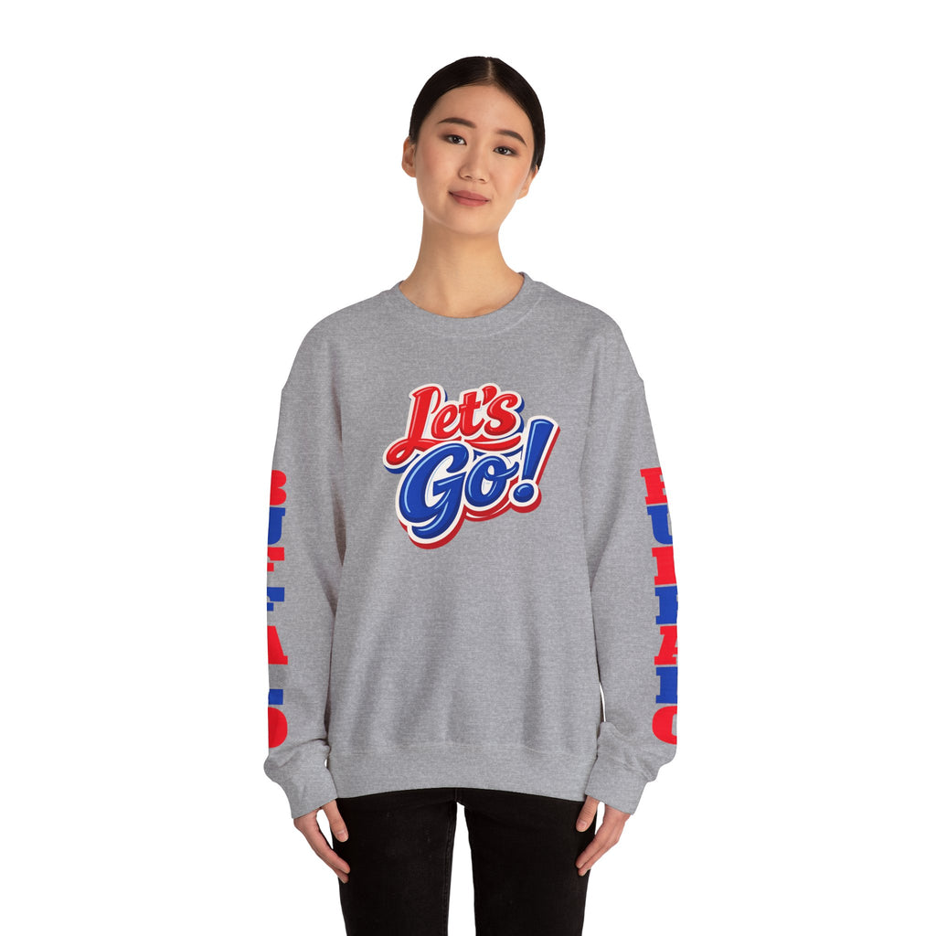 Let's Go! Buffalo crewneck sweatshirt | Retro script design, red blue sleeve text