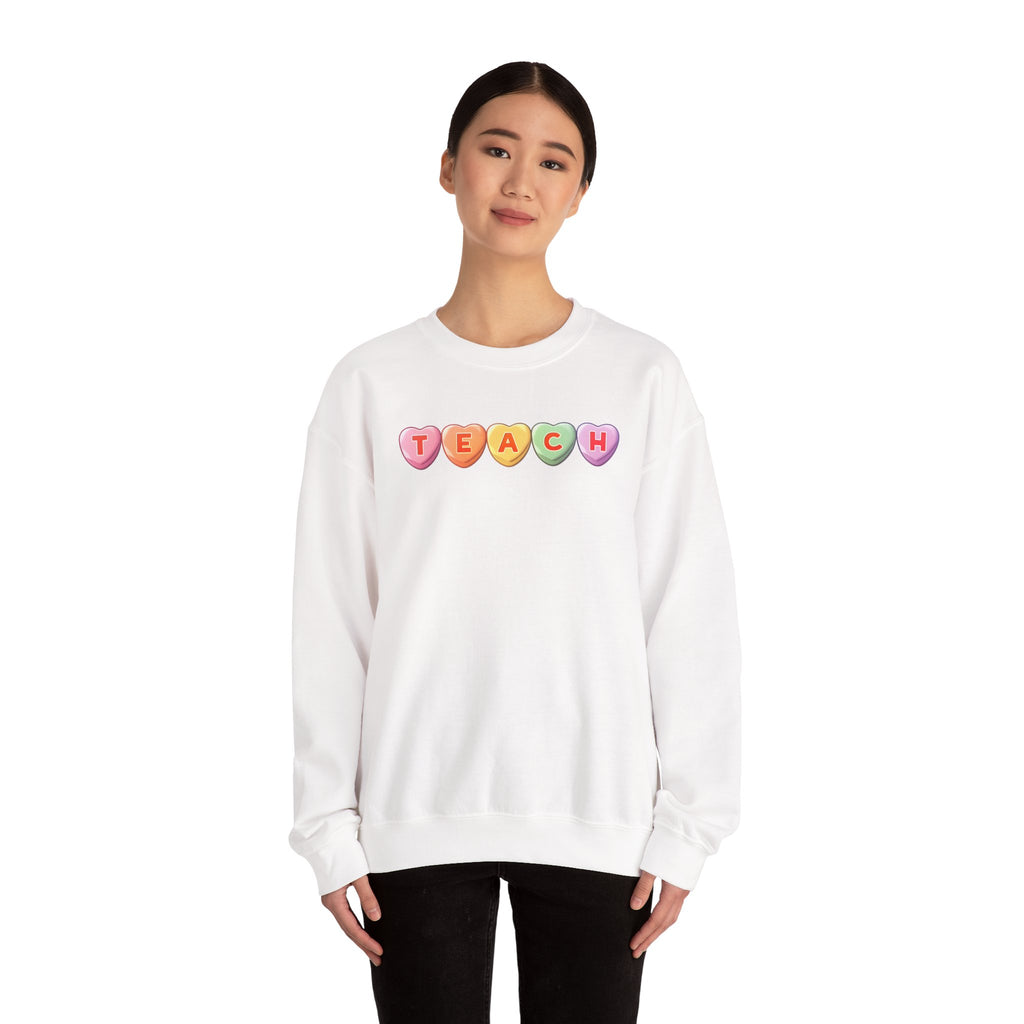 Teach Candy Hearts Crewneck Sweatshirt | Teacher Valentine Shirt