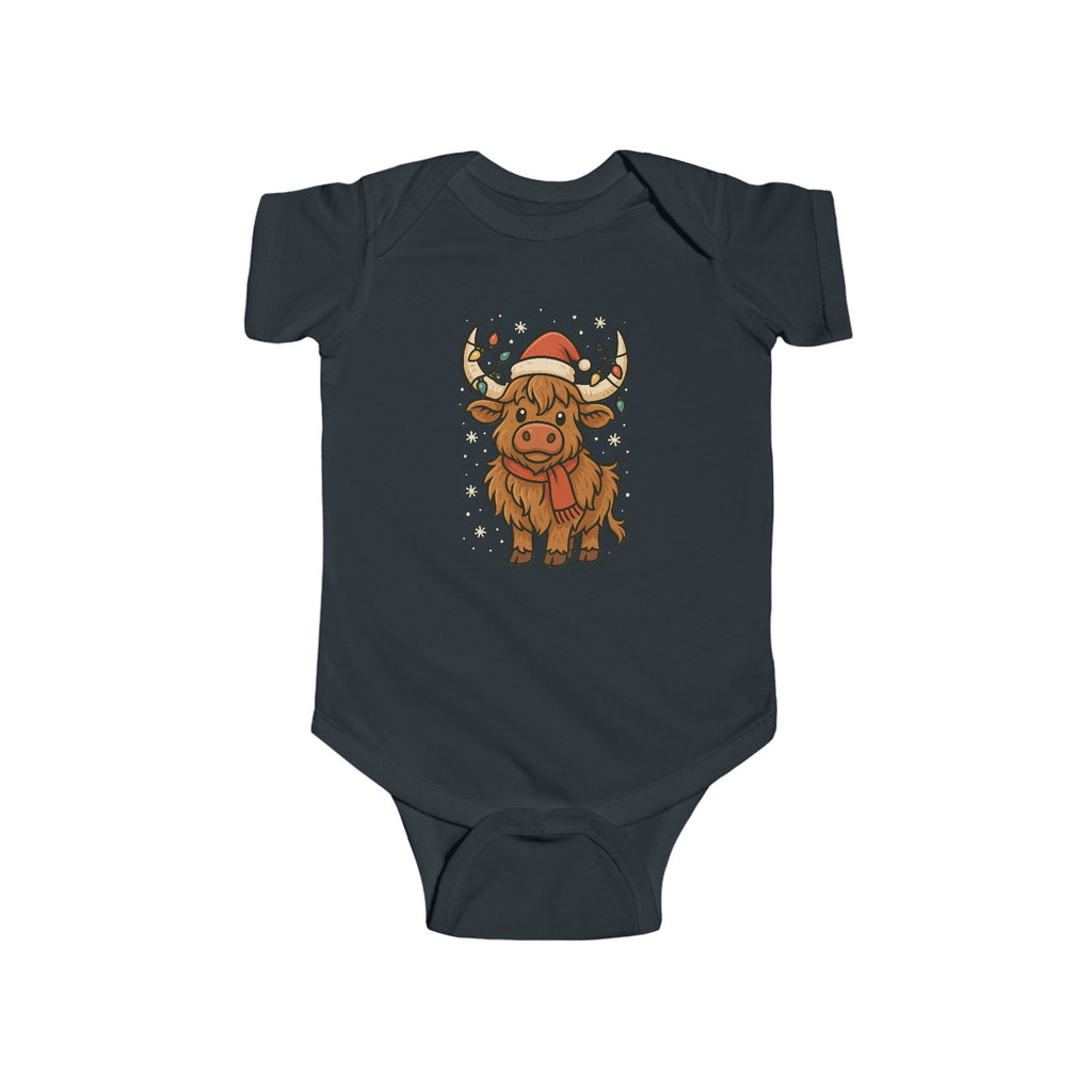 Highland Cow in Santa Hat Infant Bodysuit | Christmas Baby Onesie