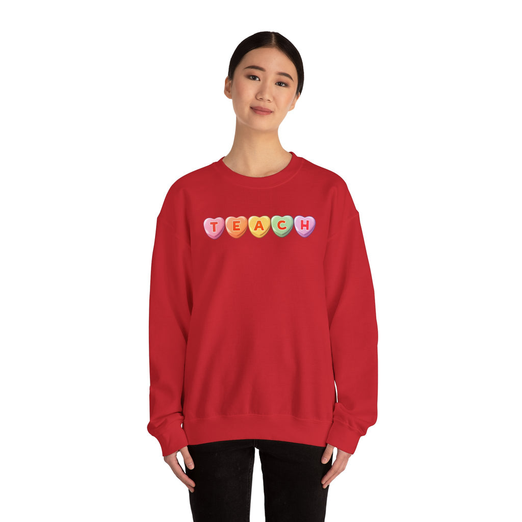 Teach Candy Hearts Crewneck Sweatshirt | Teacher Valentine Shirt