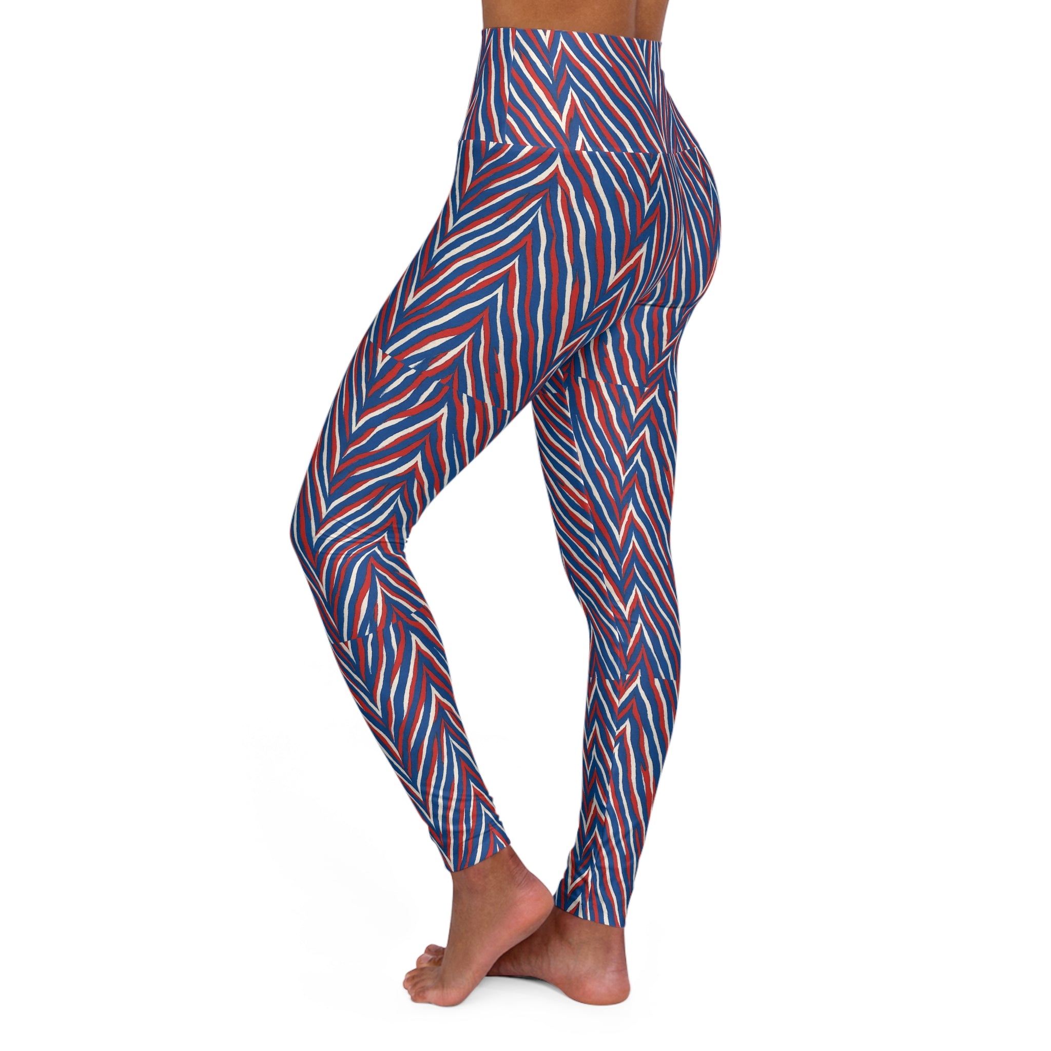 Red Blue Chevron Striped Leggings High Waisted Yoga Leggings | Abstract Geometric Pattern
