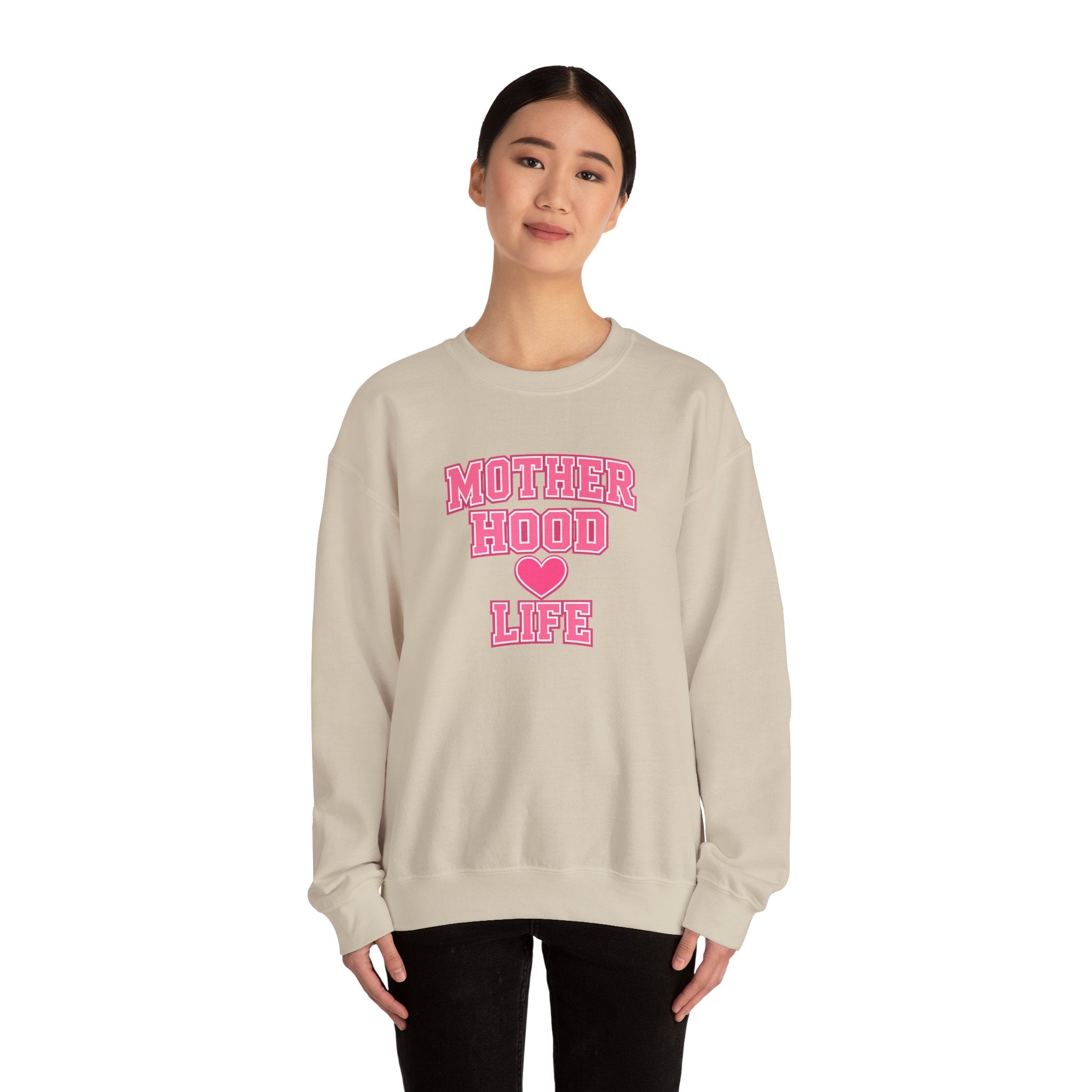 Crewneck Sweatshirt — "Motherhood Life" Pink Varsity Heart Graphic