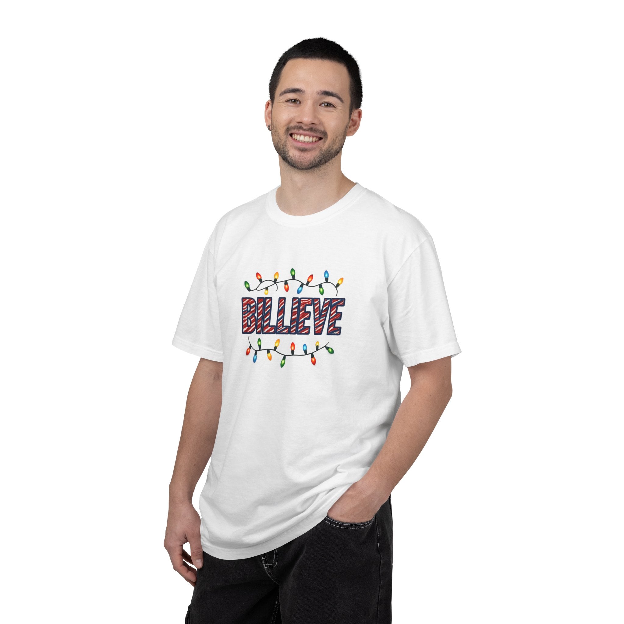 Billieve text with Christmas lights T-Shirt | Holiday graphic tee