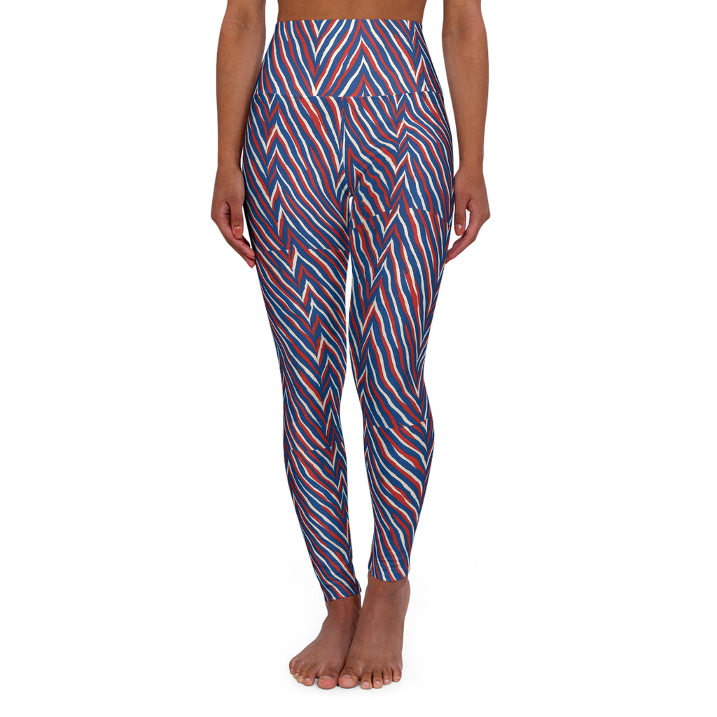 Red Blue Chevron Striped Leggings High Waisted Yoga Leggings | Abstract Geometric Pattern