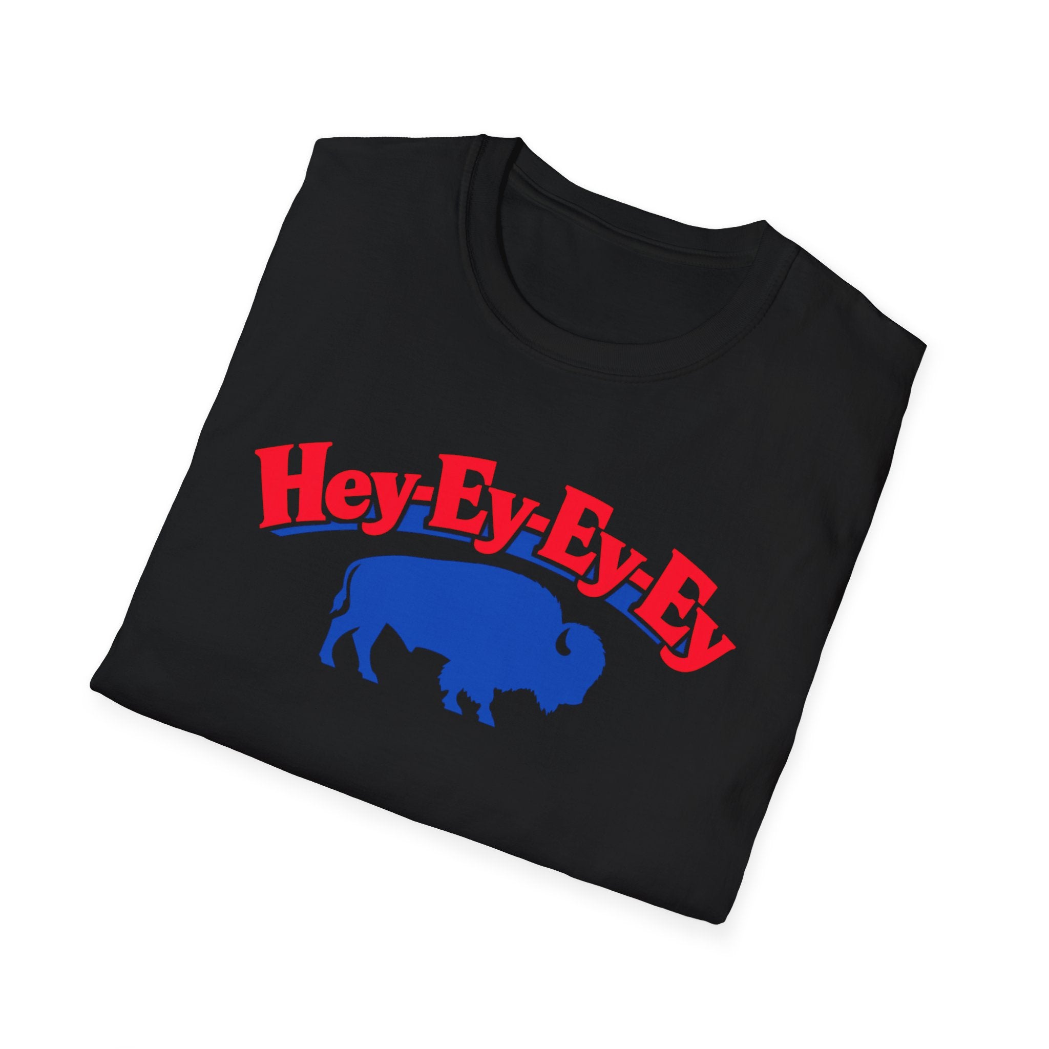 Hey-Ey-Ey-Ey Buffalo T-Shirt | Blue Buffalo Silhouette, Red Retro Text