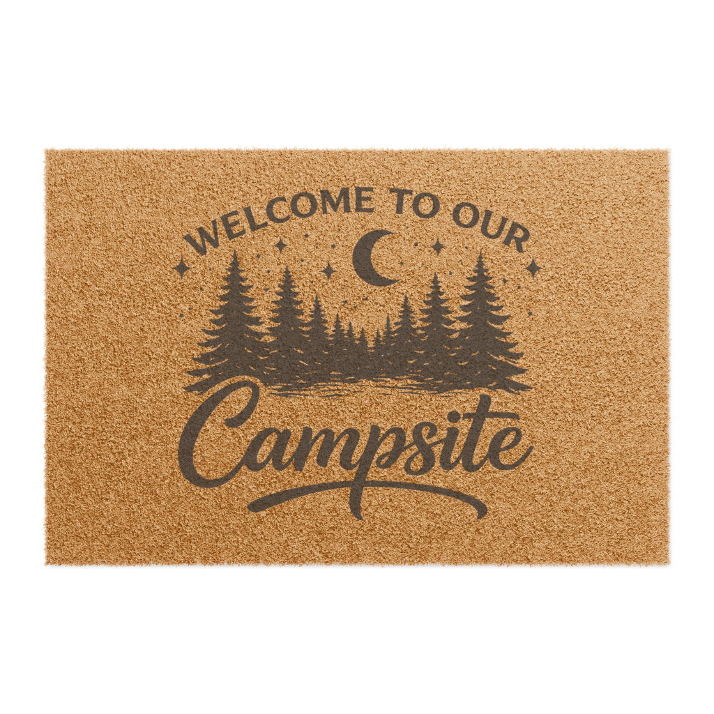 Welcome to Our Campsite Doormat — Rustic Outdoor Pine Tree Entrance Mat