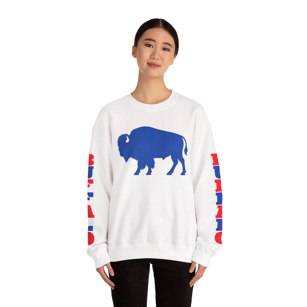 Blue Buffalo Silhouette Buffalo Sweatshirt | Red Blue Sleeve Text
