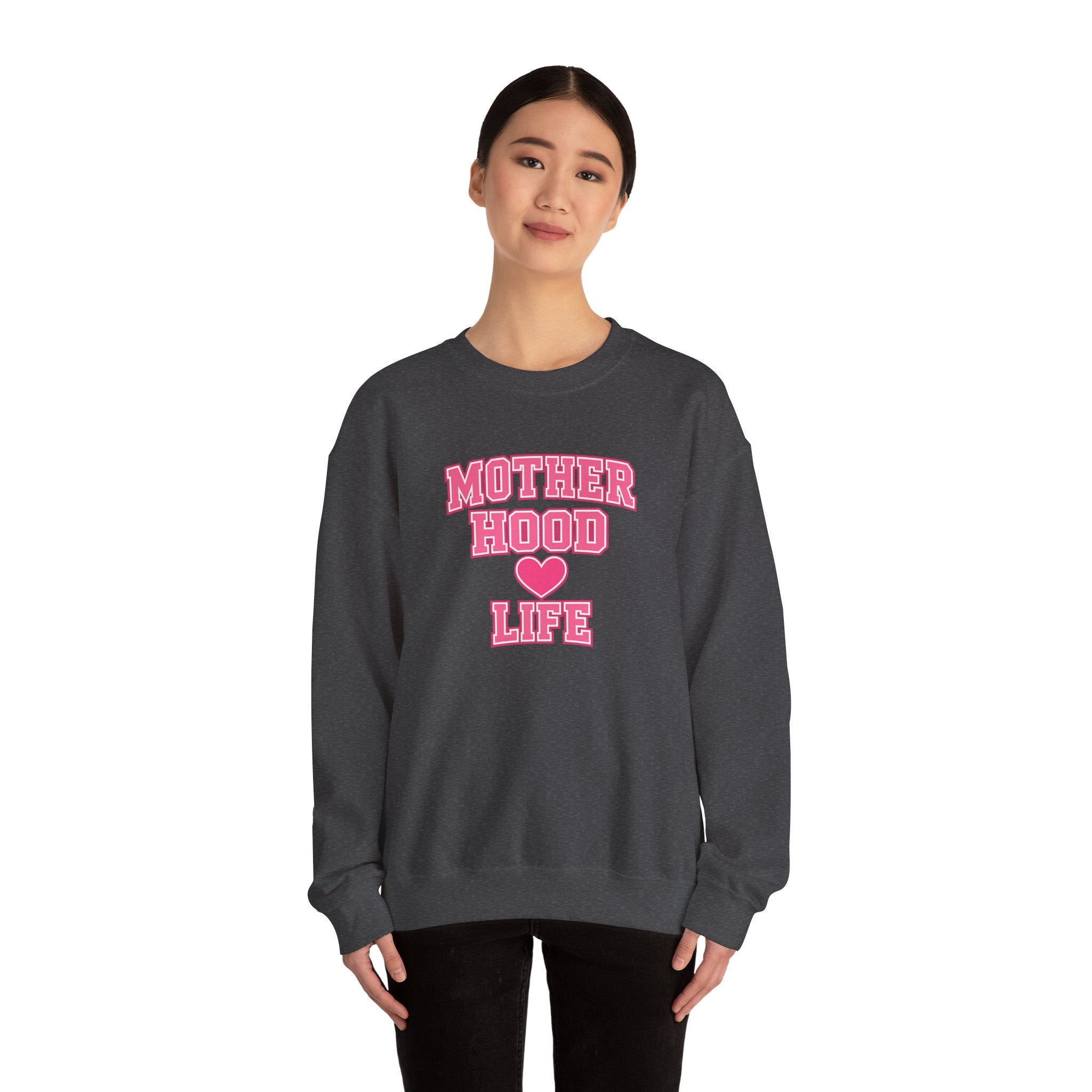 Crewneck Sweatshirt — "Motherhood Life" Pink Varsity Heart Graphic