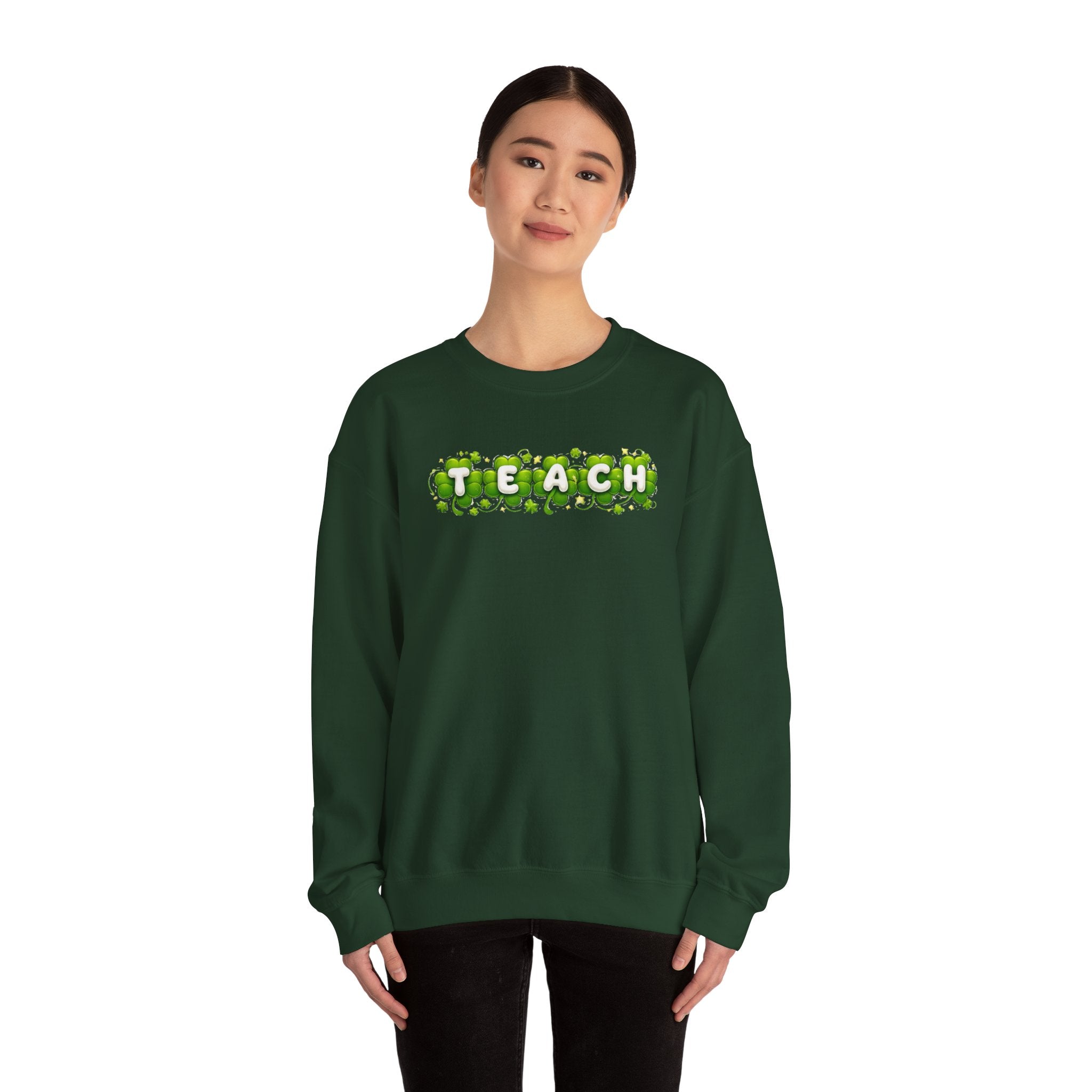 Green Shamrock TEACH Sweatshirt | Teacher St. Patrick's Day Clover Design