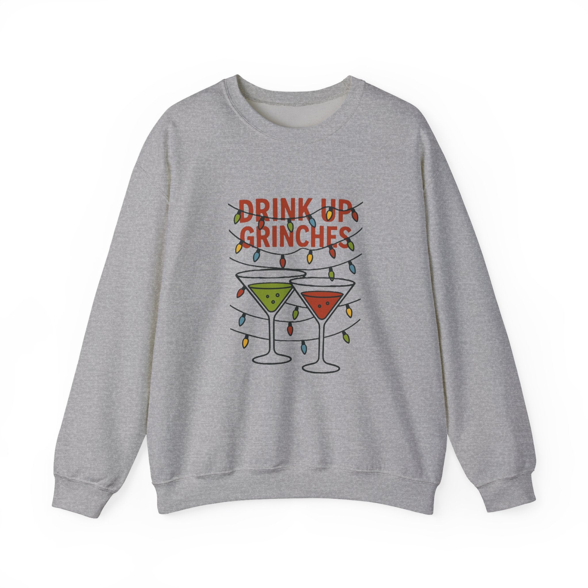 Drink Up Grinches Sweatshirt | Christmas cocktail lights holiday design