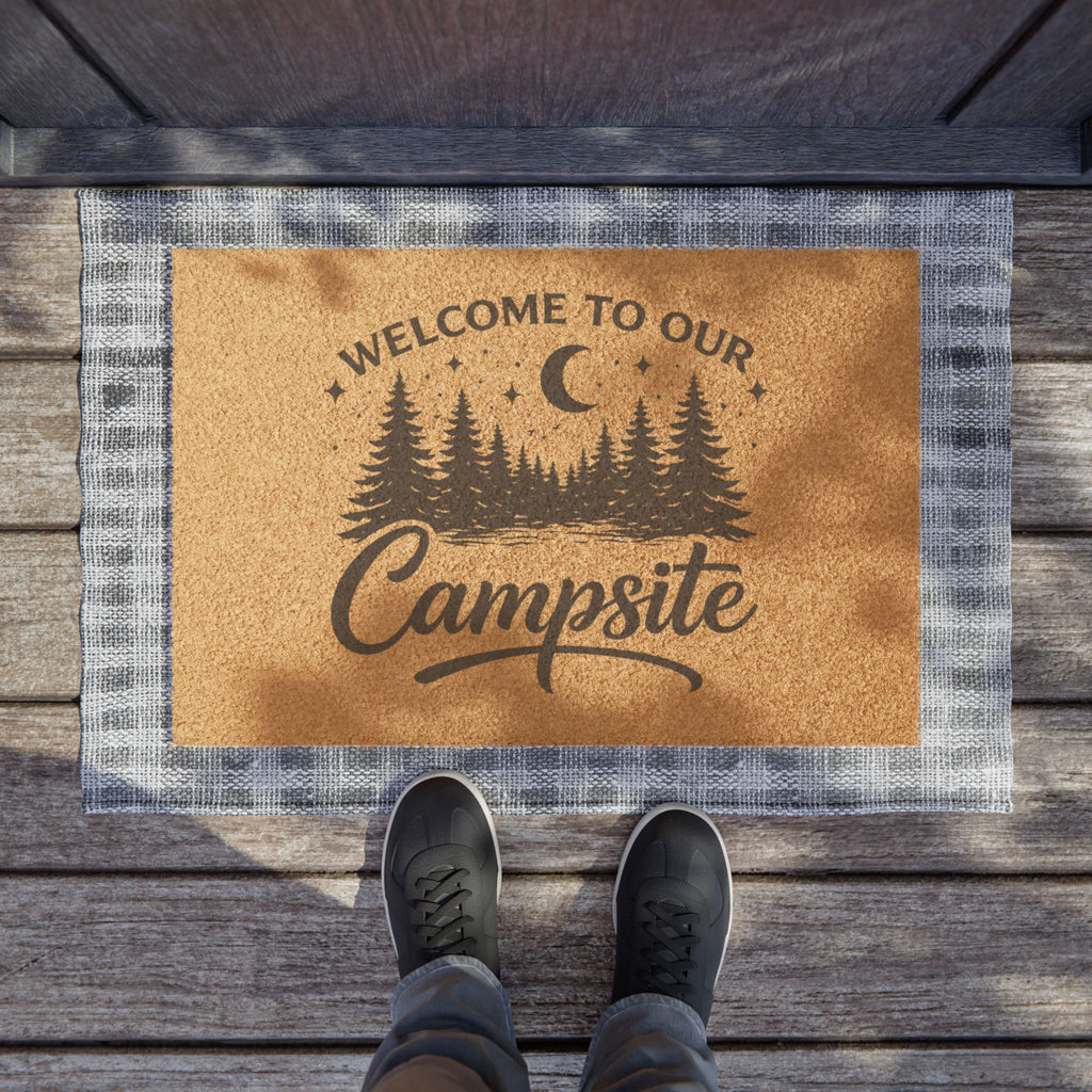 Welcome to Our Campsite Doormat — Rustic Outdoor Pine Tree Entrance Mat