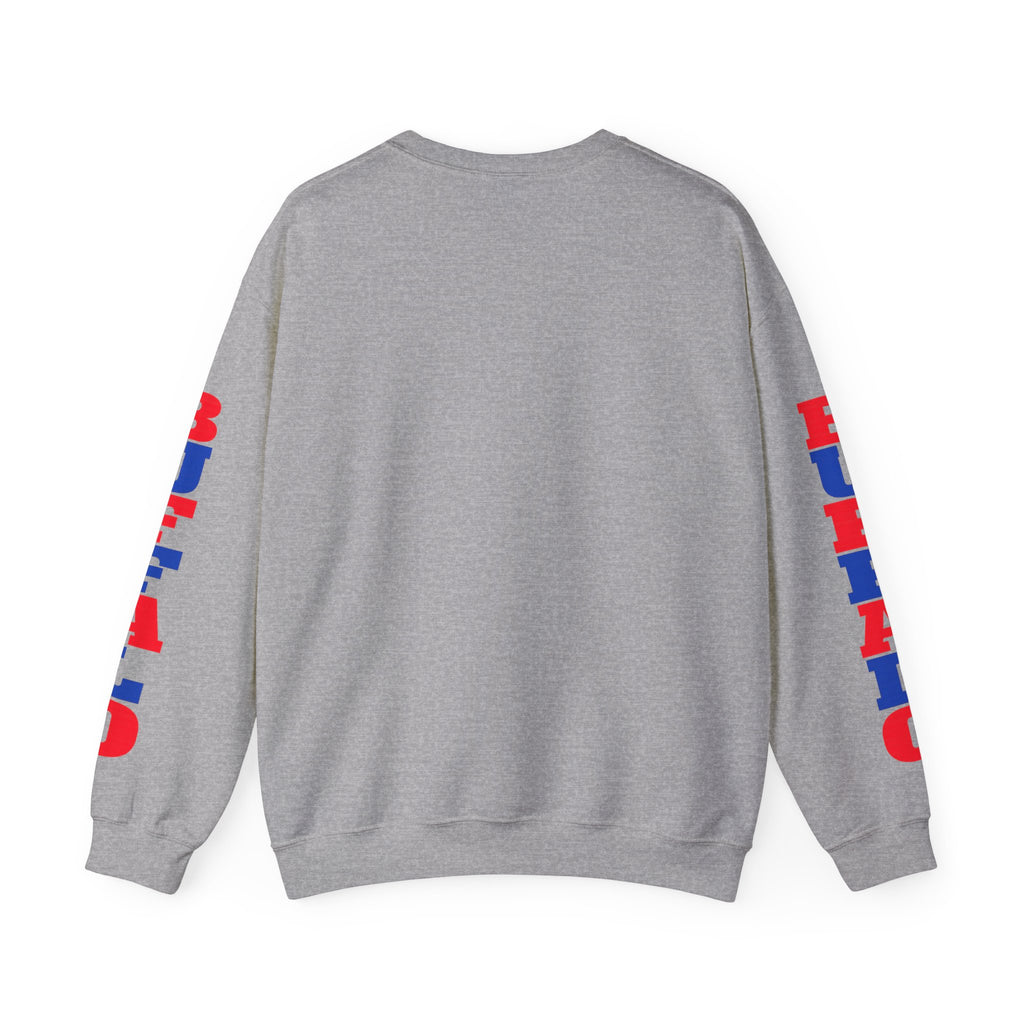 Let's Go! Buffalo crewneck sweatshirt | Retro script design, red blue sleeve text