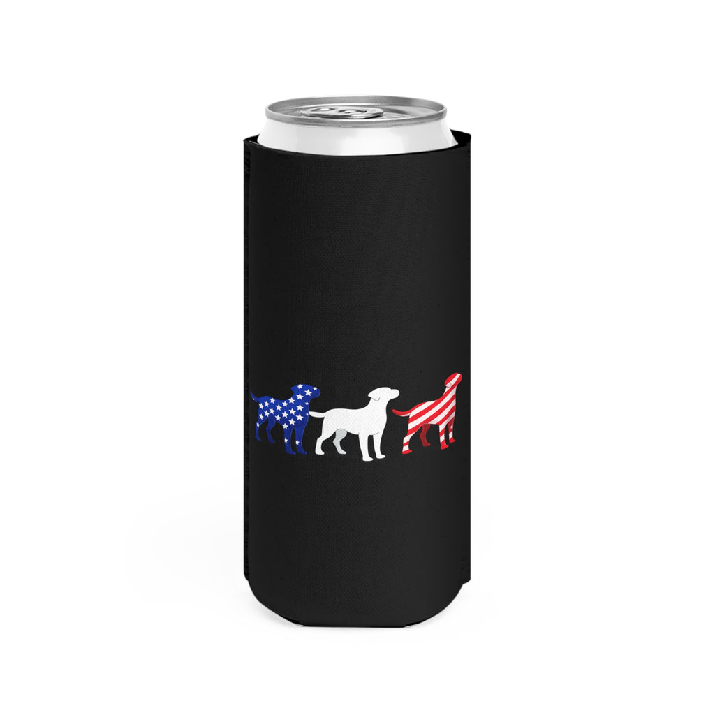 Patriotic Labrador Trio Slim Can Cooler | American Flag Dogs