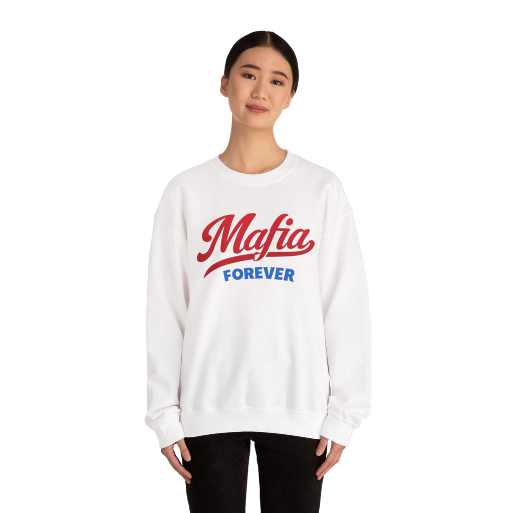 Mafia Forever Crewneck Sweatshirt | Retro Script Logo, White Pullover