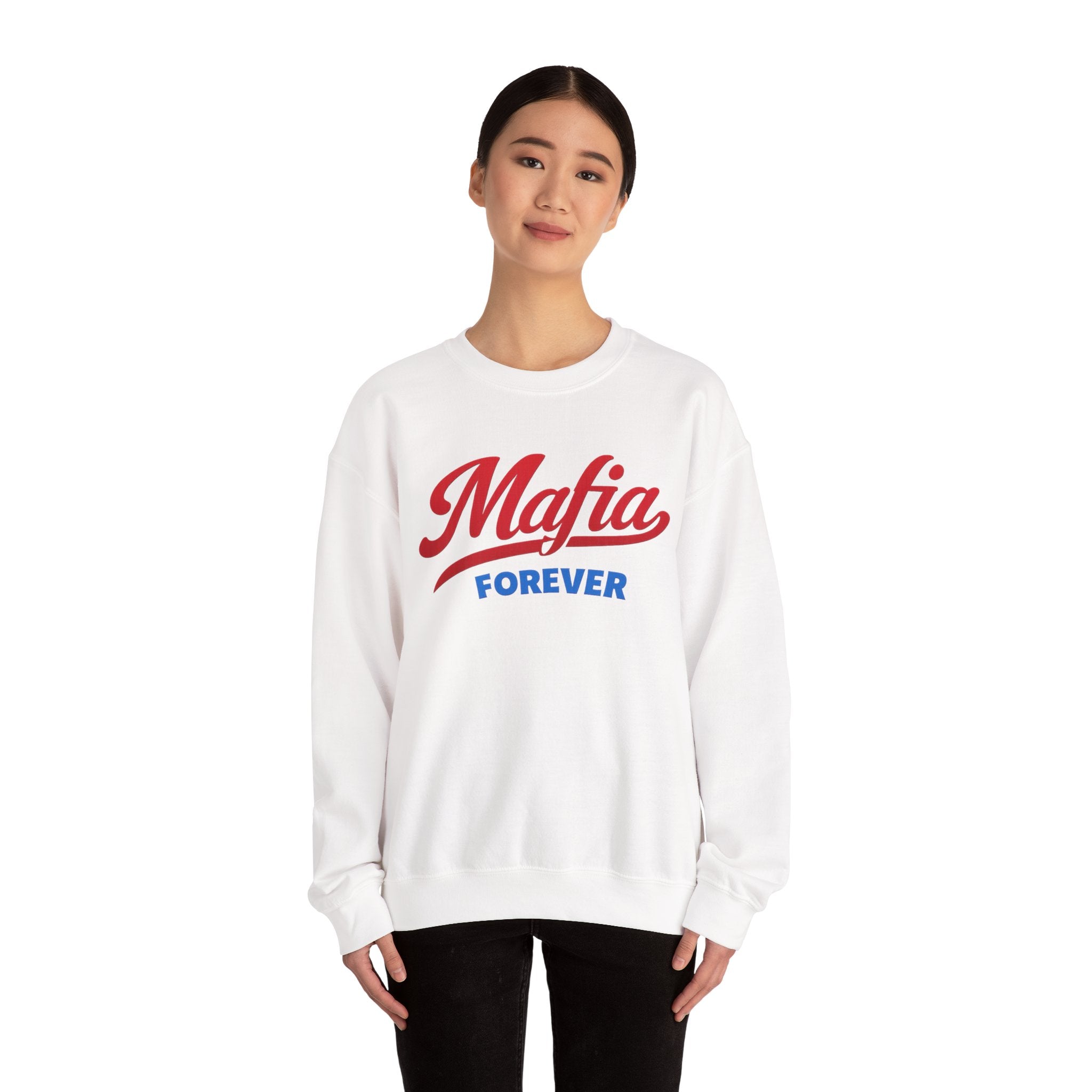 Mafia Forever Crewneck Sweatshirt | Retro Script Logo, White Pullover