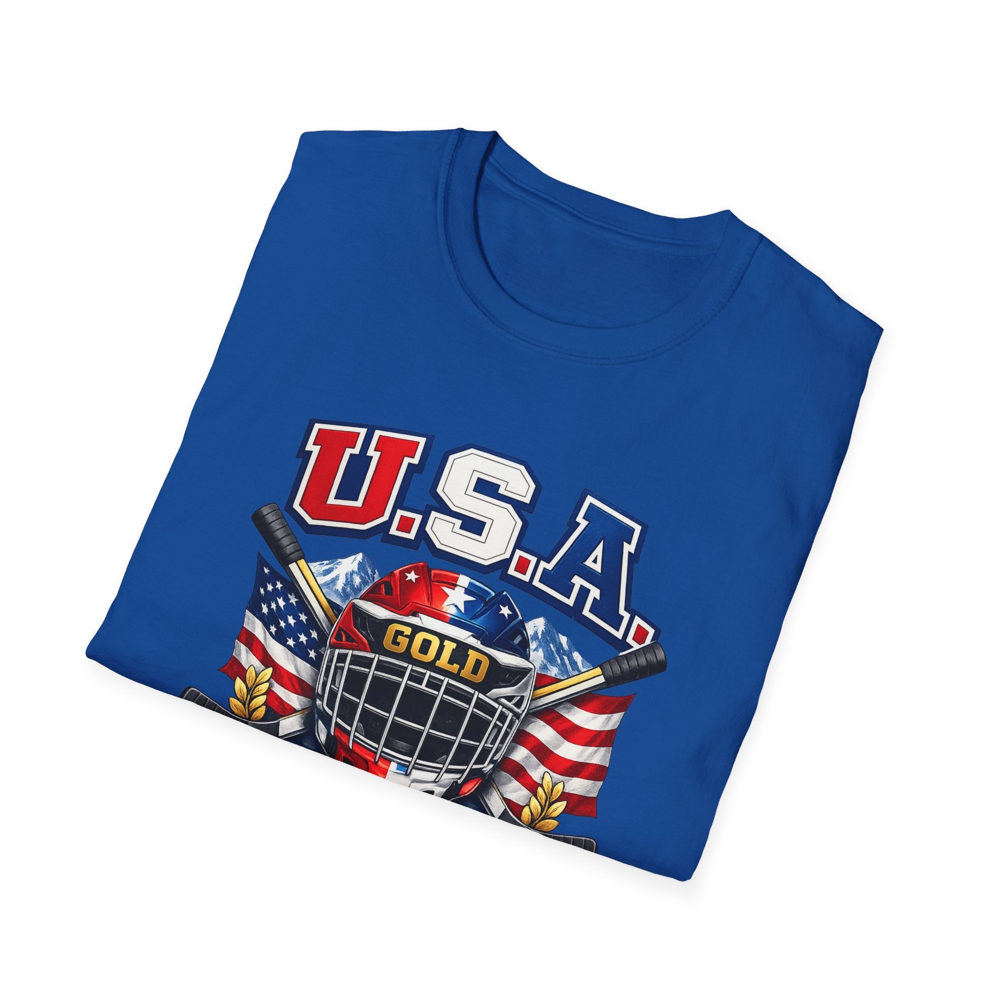USA Gold Hockey 2K8 T-Shirt — American Flag Hockey Helmet Graphic Tee